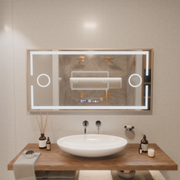 Lustro z czujnikiem ruchu Isabell MotionGlow LED z funkcją przeciwmgielną, termometr, zegar, 120x80 cm, ściemnialne, ciepłe/zimne/neutralne światło, szczotkowana rama w kolorze różowego złota, kolekcja Marcello Funghi