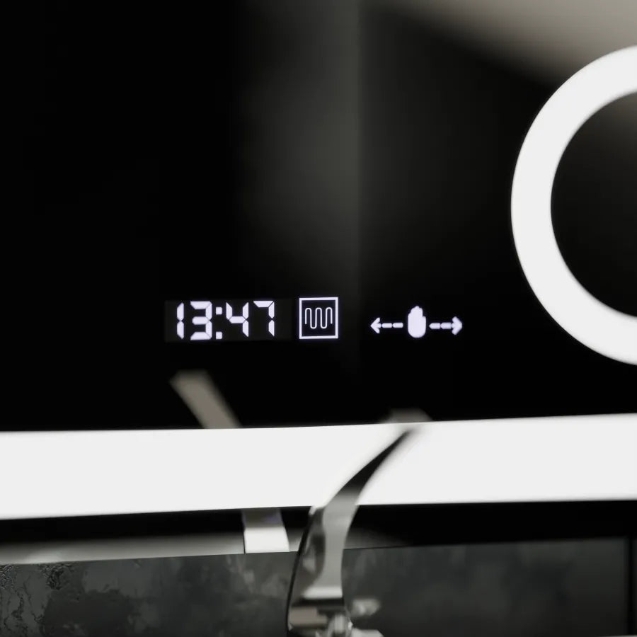 Prostokątne lustro LED, 80x80 cm, Souverain MotionGlow Marcello, system przeciwmgielny, zegar i termometr, lupa kosmetyczna, ściemnialna