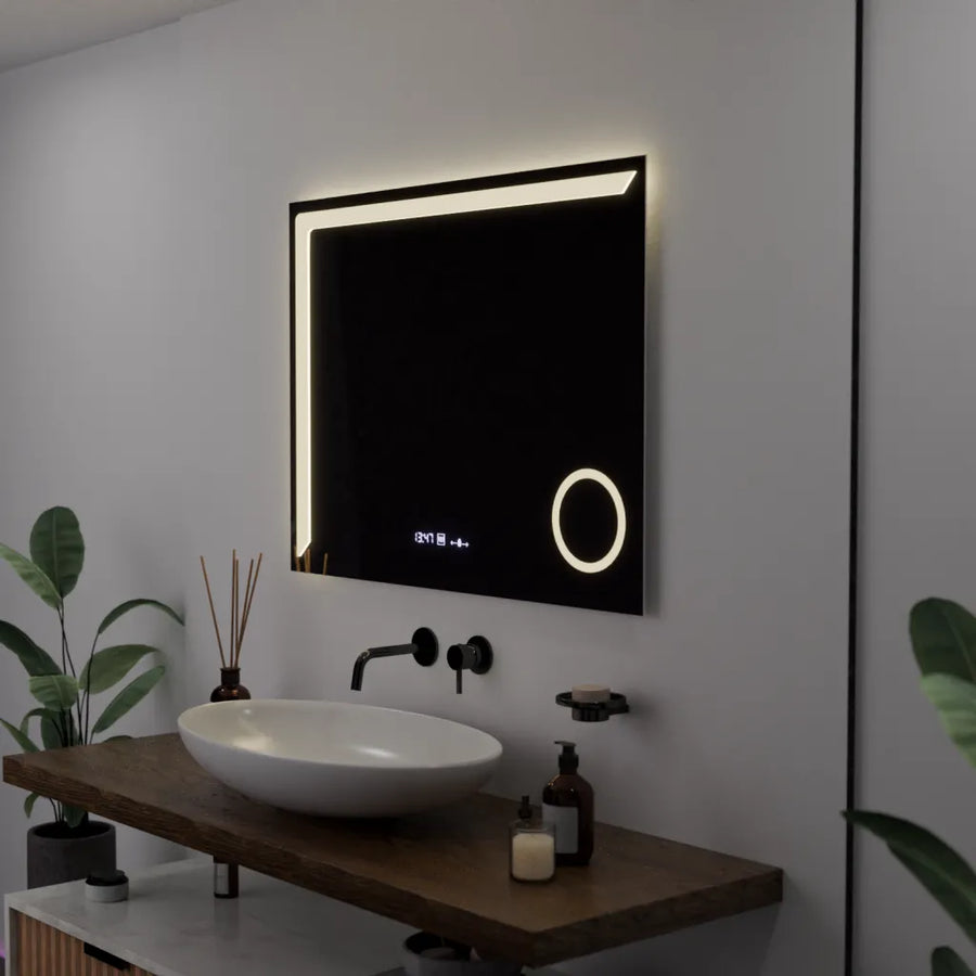 Prostokątne lustro LED, 80x60 cm, precyzyjne Motion Blglow Marcello, system wyłączania, zegar i termometr, powiększenie kosmetyczne