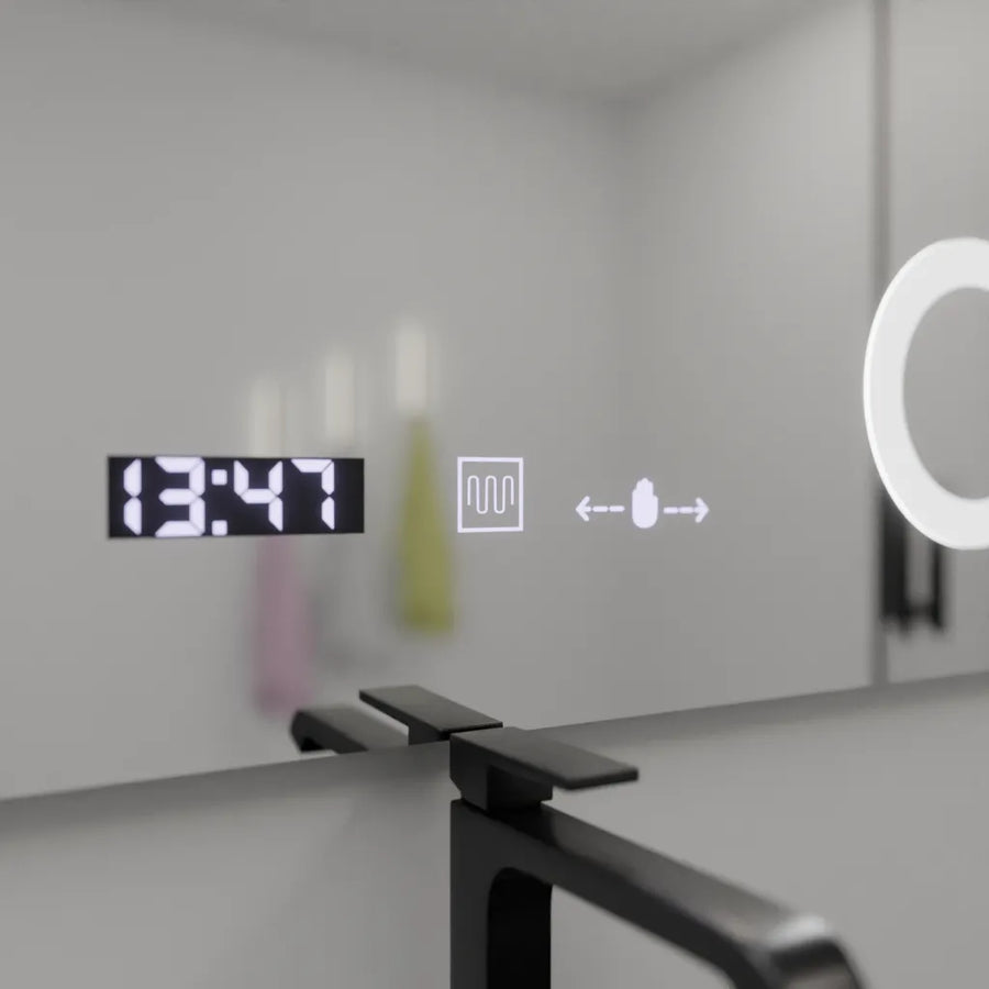 Prostokątne lustro LED, 100 x 80 cm, Precision MotionGlow Marcello, system przeciwmgielny, zegar i termometr, lupa kosmetyczna, ściemnialna