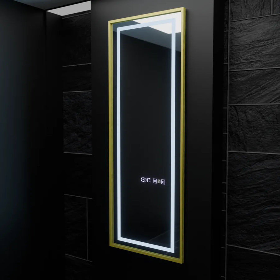 Prostokątne lustro LED, 45 x 140 cm, czujnik radarowy Elena Marcello, system przeciwmgielny, zegar i termometr, ściemnialne, Dressing Couture