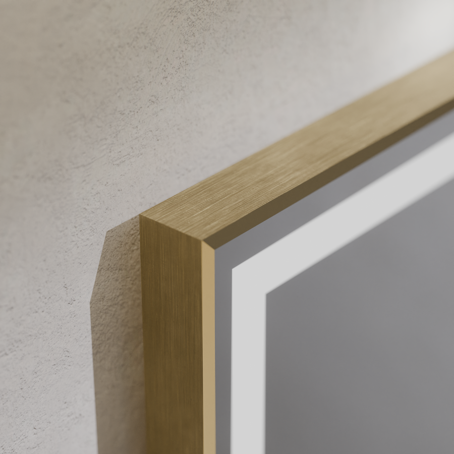 Prostokątne lustro LED, 60x80 cm, Verite Royale Gold MotionGlow Marcello, system przeciwmgielny, zegar i termometr, ściemnialne