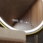 Okrągłe lustro LED 70 cm Celeste Royale Gold MotionGlow Marcello Defog System Zegar i termometr Ściemnialny