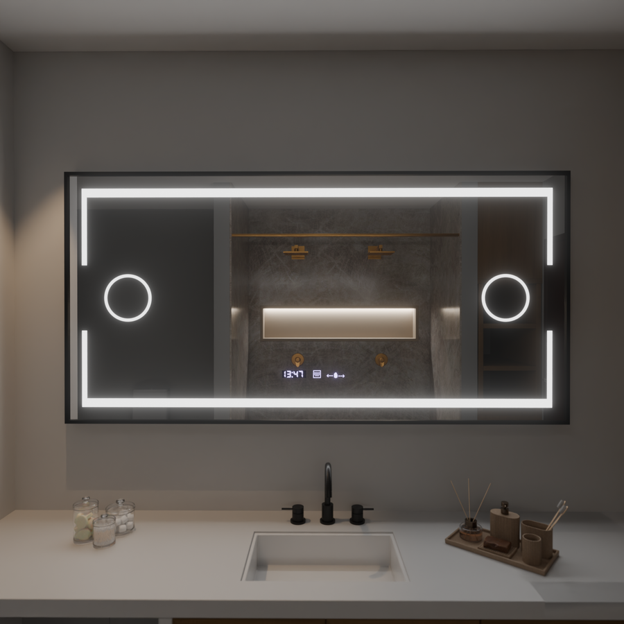 Prostokątne lustro LED, 160x80 cm, czujnik Motionglow Marcello, system wyłączający, zegar i termometr, powiększenie kosmetyczne