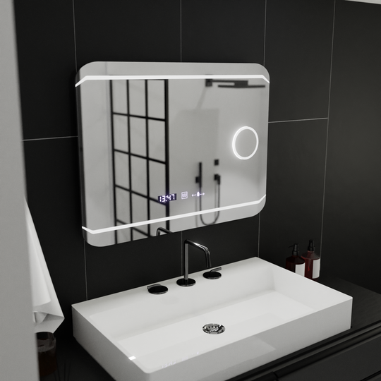 Prostokątne lustro LED, 80x60 cm, styl MotionGlow Marcello, system usuwania zamglenia, zegar i termometr, lupa kosmetyczna, przyciemniane lustra Marcello Domyślny tytuł Alessandro Design