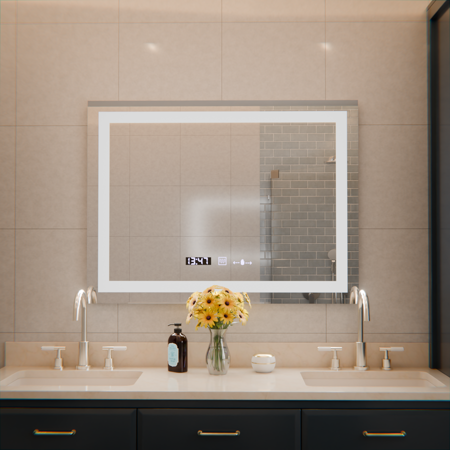 Prostokątne lustro LED, 80x60 cm, Verite MotionGlow Marcello, system przeciwmgielny, zegar i termometr, ściemnialne