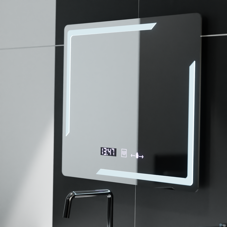 Prostokątne lustro LED, 80x60cm, Rayonnement MotionGlow Marcello, system przeciwmgielny, zegar i termometr, ściemnialne