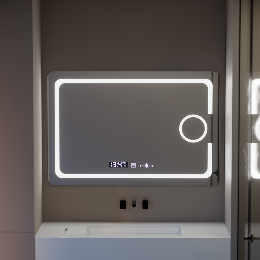 Prostokątne lustro LED, 120x80cm, Eclat Motionglow Marcello, system działu, zegar i termometr, kosmetyka Lupa, Dokrywa