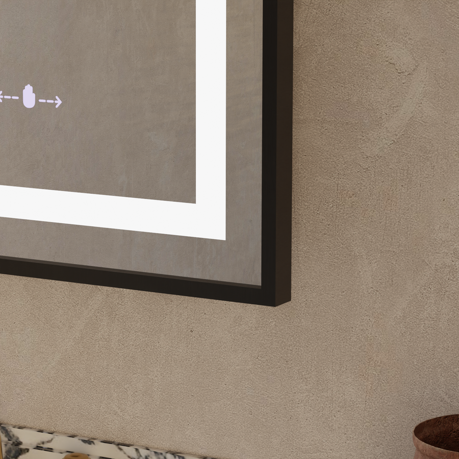 Prostokątne lustro LED, 60x80 cm, Verite Majeste Noir Motion Glow Marcello, system przeciwmgielny, zegar i termometr, ściemnialne