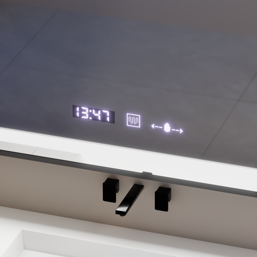 Prostokątne lustro LED, 80x60 cm, Verite Majeste Noir Motion Glow Marcello, system przeciwmgielny, zegar i termometr, ściemnialne