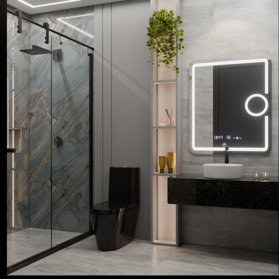 Prostokątne lustro LED, 75x90 cm, Eclat MotionGlow Marcello, system przeciwmgielny, zegar i termometr, lupa kosmetyczna, ściemnialna