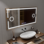 Lustro z czujnikiem ruchu Isabell MotionGlow LED z funkcją przeciwmgielną, termometr, zegar, 120x80 cm, ściemnialne, ciepłe/zimne/neutralne światło, szczotkowana rama w kolorze różowego złota, kolekcja Marcello Funghi