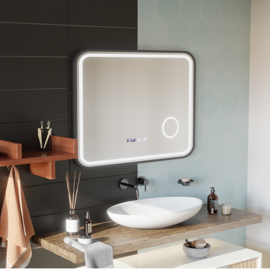 Bernd Touch LED Mirror Defog System, zegar i temperatura 80x60 cm szczotkowana czarna rama lupa kosmetyczna