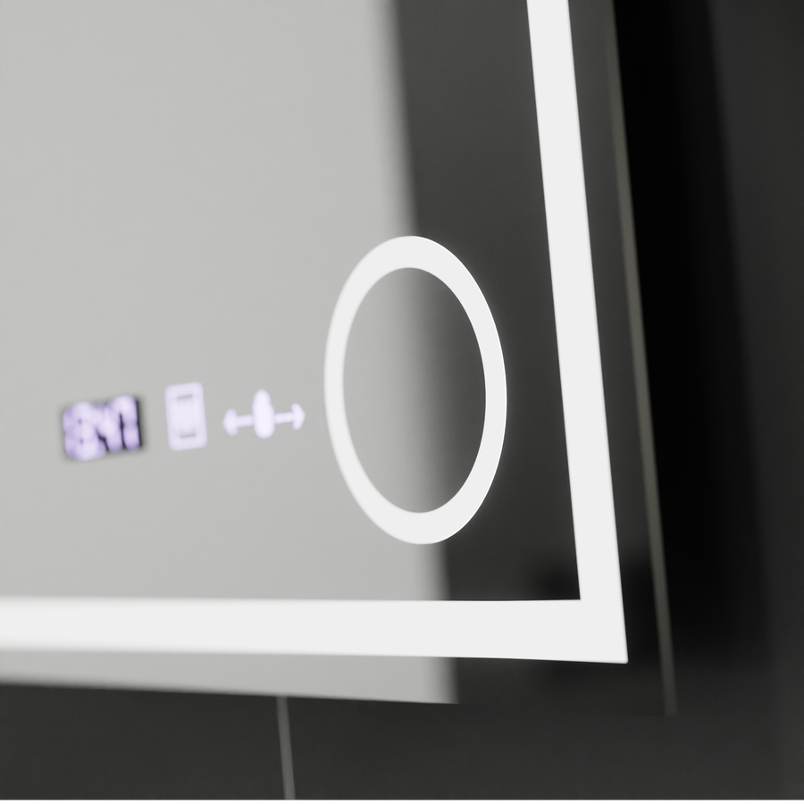 Prostokątne lustro LED, 60x60 cm, Souverain MotionGlow Marcello, system przeciwmgielny, zegar i termometr, lupa kosmetyczna, ściemnialna