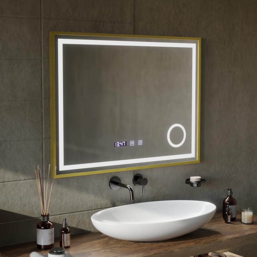 CLARUS Touch LED System odmgławiania lusterek, zegara i temperatury 80x60 cm Lupa kosmetyczna w szczotkowanej złotej ramce