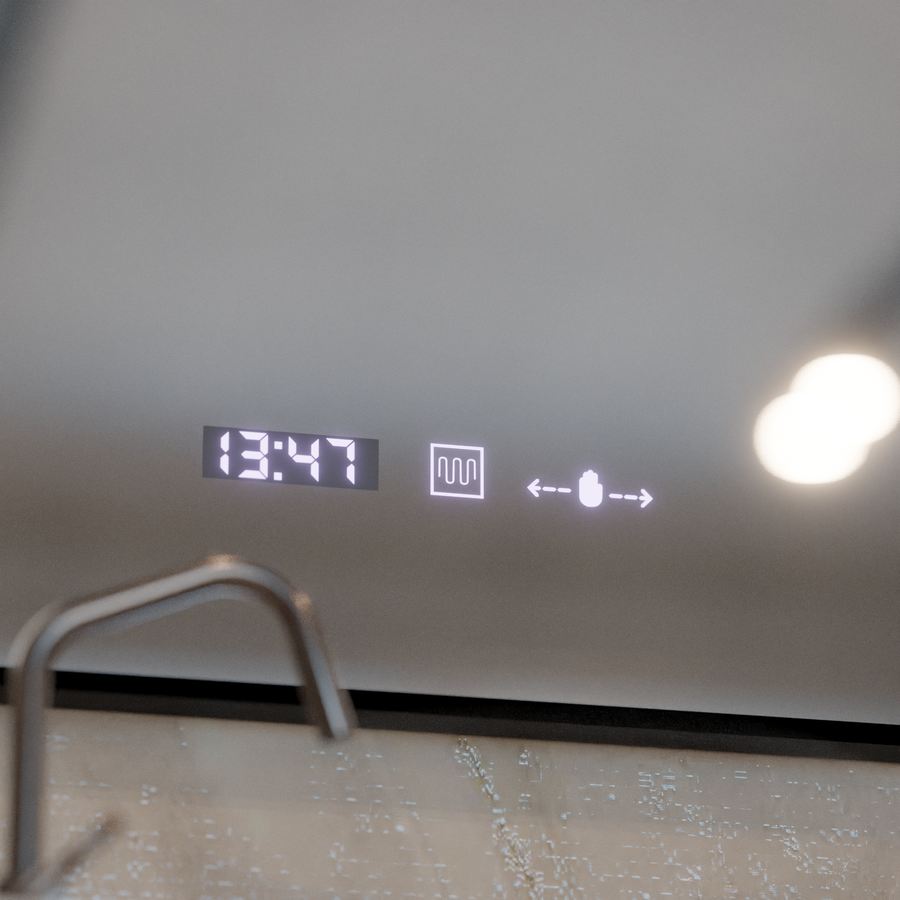 Lustro LED z czujnikiem ruchu MotionGlow Francesca 80x60 cm, ciepłe/zimne/neutralne światło, ściemnialne, szczotkowana czarna rama, system przeciwmgielny, zegar z termometrem, kolekcja Marcello Funghi