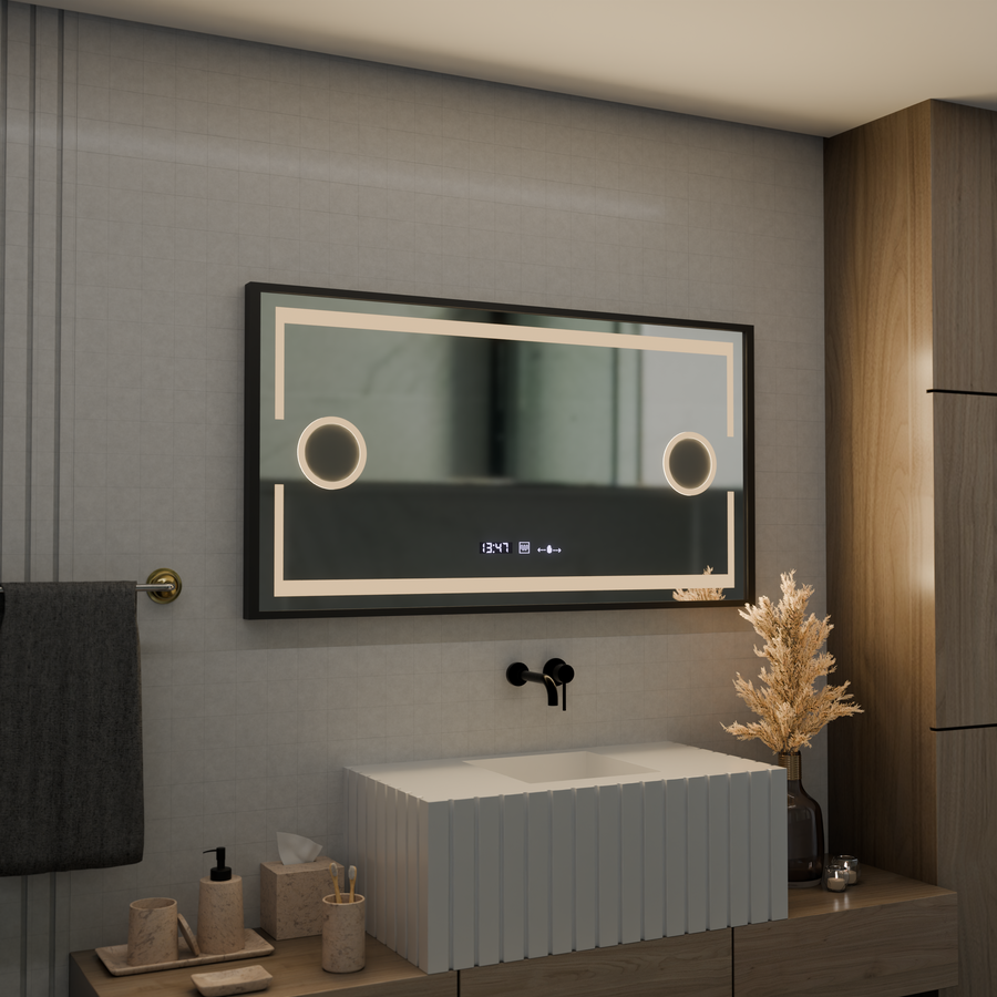 Lustro z czujnikiem ruchu Domingo MotionGlow LED z funkcją przeciwmgielną, termometrem i zegarem, 120x65 cm, ściemnialne, zimne/ciepłe/neutralne światło, szczotkowana czarna rama, kolekcja Marcello Funghi