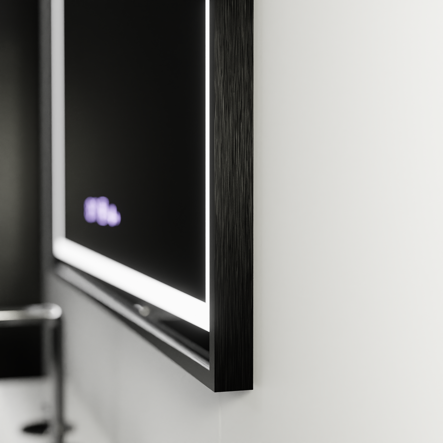 Prostokątne lustro LED, 80x60 cm, Verite Majeste Noir Motion Glow Marcello, system przeciwmgielny, zegar i termometr, ściemnialne