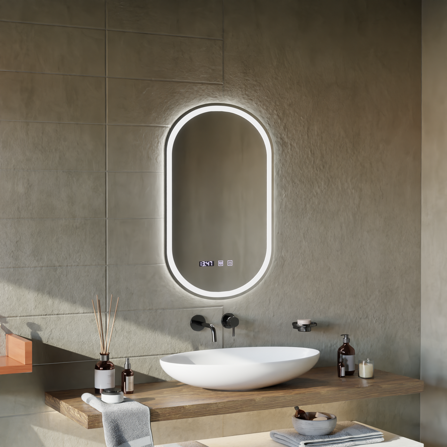 System odmgławiania lusterek ONIRA LED Touch, zegar i temperatura 50x80 cm