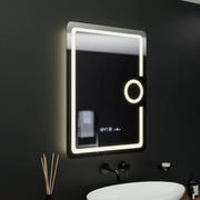 Prostokątne lustro LED, 60x80 cm, Eclat MotionGlow Marcello, zegar i termometr, system przeciwmgielny, lupa kosmetyczna, ściemnialna
