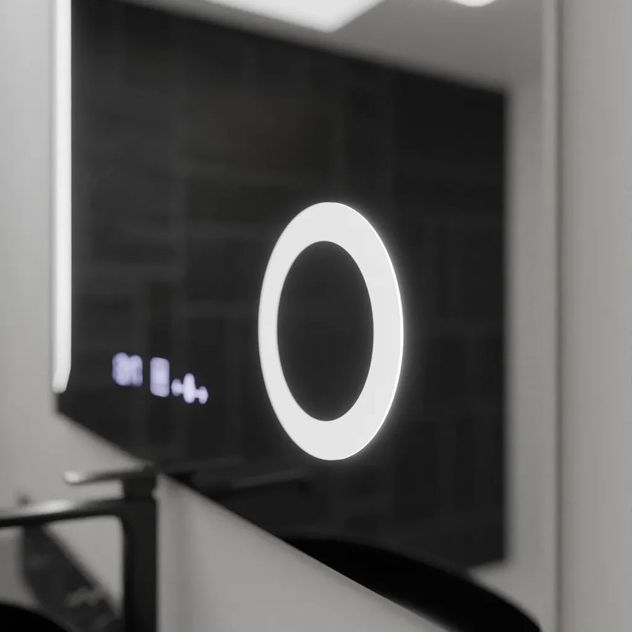 Prostokątne lustro LED, 100 x 80 cm, Precision MotionGlow Marcello, system przeciwmgielny, zegar i termometr, lupa kosmetyczna, ściemnialna