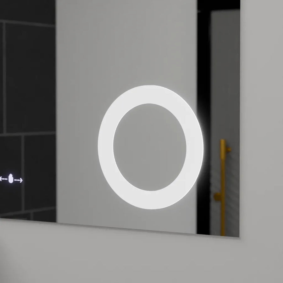 Prostokątne lustro LED, 120x80 cm, ABSOLU MotionGlow Marcello, system przeciwmgielny, zegar i termometr, lupa kosmetyczna, ściemnialna