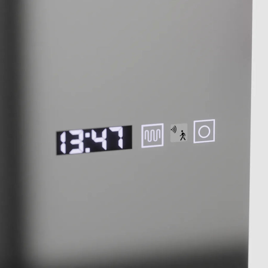 Prostokątne lustro LED, 60x150 cm, czujnik radarowy Alessia Marcello, system przeciwmgielny, zegar i termometr, ściemnialne, Dressing Couture