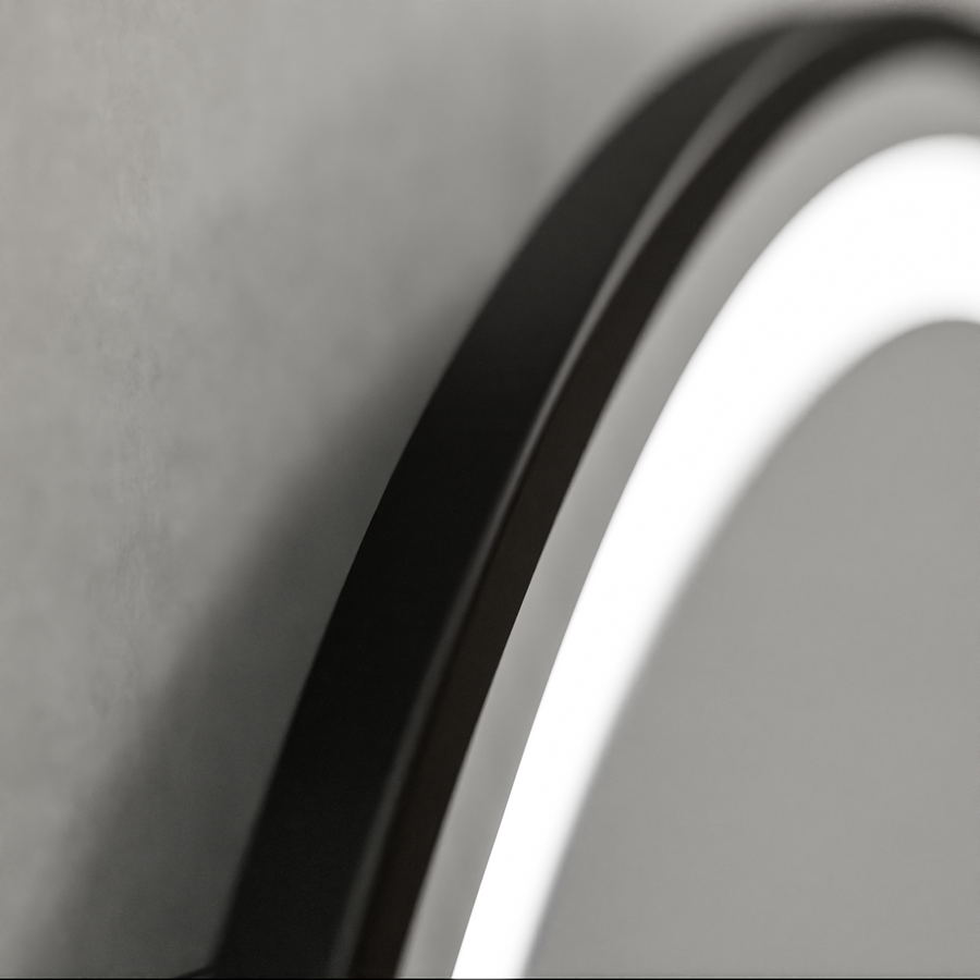 Okrągłe lustro LED, 70 cm, Celeste Majeste Noir MotionGlow Marcello, system przeciwmgielny, zegar i termometr, ściemnialne