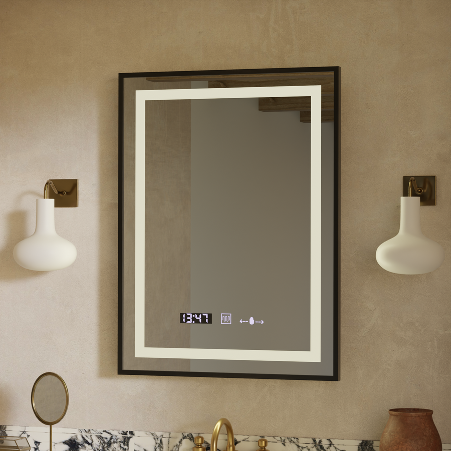 Prostokątne lustro LED, 60x80 cm, Verite Majeste Noir Motion Glow Marcello, system przeciwmgielny, zegar i termometr, ściemnialne