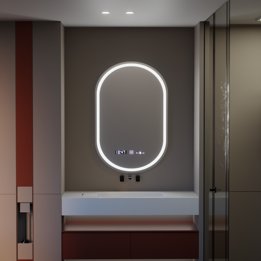 Owalne lustro LED, 50x80 cm, Eminence MotionGlow Marcello, system przeciwmgielny, zegar i termometr, ściemnialne