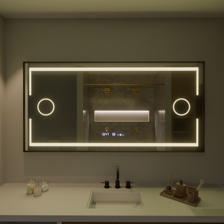 Prostokątne lustro LED, 160x80 cm, czujnik Motionglow Marcello, system wyłączający, zegar i termometr, powiększenie kosmetyczne