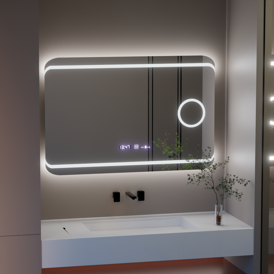 Prostokątne lusterko LED, 100x60 cm, definicja Motionglow Marcello, system rozmrażania, zegar i termometr, kosmetyka Lupa, Dokrywa