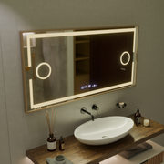 Lustro z czujnikiem ruchu Isabell MotionGlow LED z funkcją przeciwmgielną, termometr, zegar, 120x80 cm, ściemnialne, ciepłe/zimne/neutralne światło, szczotkowana rama w kolorze różowego złota, kolekcja Marcello Funghi