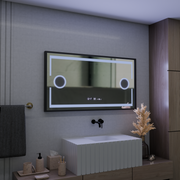 Lustro z czujnikiem ruchu Domingo MotionGlow LED z funkcją przeciwmgielną, termometrem i zegarem, 120x65 cm, ściemnialne, zimne/ciepłe/neutralne światło, szczotkowana czarna rama, kolekcja Marcello Funghi