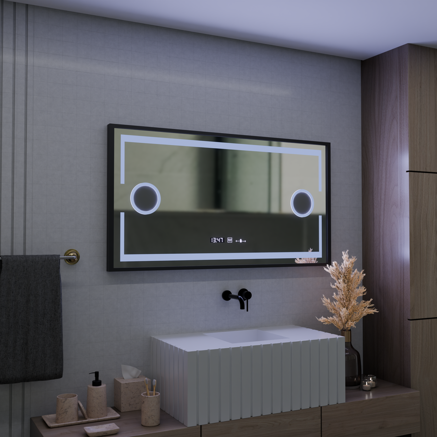 Lustro z czujnikiem ruchu Domingo MotionGlow LED z funkcją przeciwmgielną, termometrem i zegarem, 120x65 cm, ściemnialne, zimne/ciepłe/neutralne światło, szczotkowana czarna rama, kolekcja Marcello Funghi