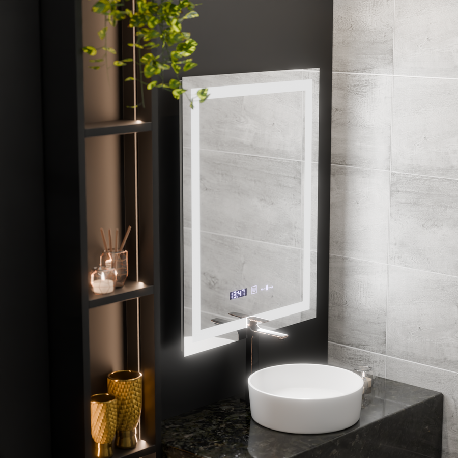 Prostokątne lustro LED, 60x80 cm, Verite MotionGlow Marcello, system przeciwmgielny, zegar i termometr, ściemnialne