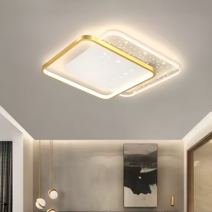 LED żyrandol z pilotem Gildra 110W, 2 kwadraty, zimno/gorące/neutralne światło, niestabilne, złote