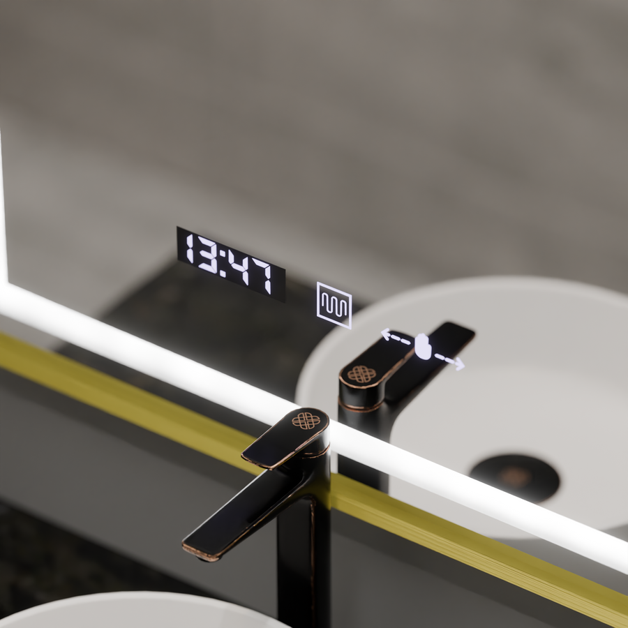 Prostokątne lustro LED, 75x90 cm, Verite Royale Gold MotionGlow Marcello, system przeciwmgielny, zegar i termometr, ściemnialne