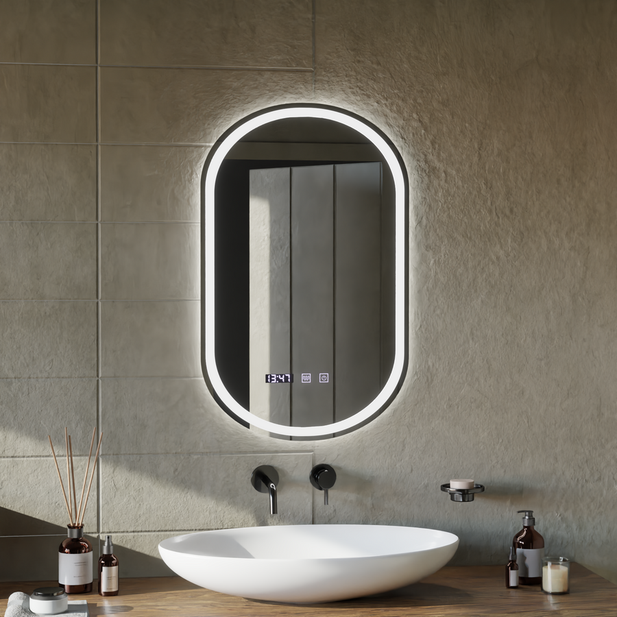 System odmgławiania lusterek ONIRA LED Touch, zegar i temperatura 50x80 cm