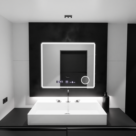 Prostokątne lusterko LED, 90x75 cm, Riflesso Motionglow Marcello, zastępca systemu, zegar i termometr, kosmetyki