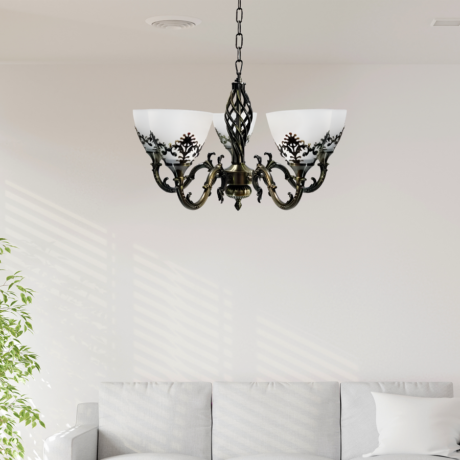 Żyrandol rustykalny COTTAGE, 5*E27, antyczny brąz, metal i szkło