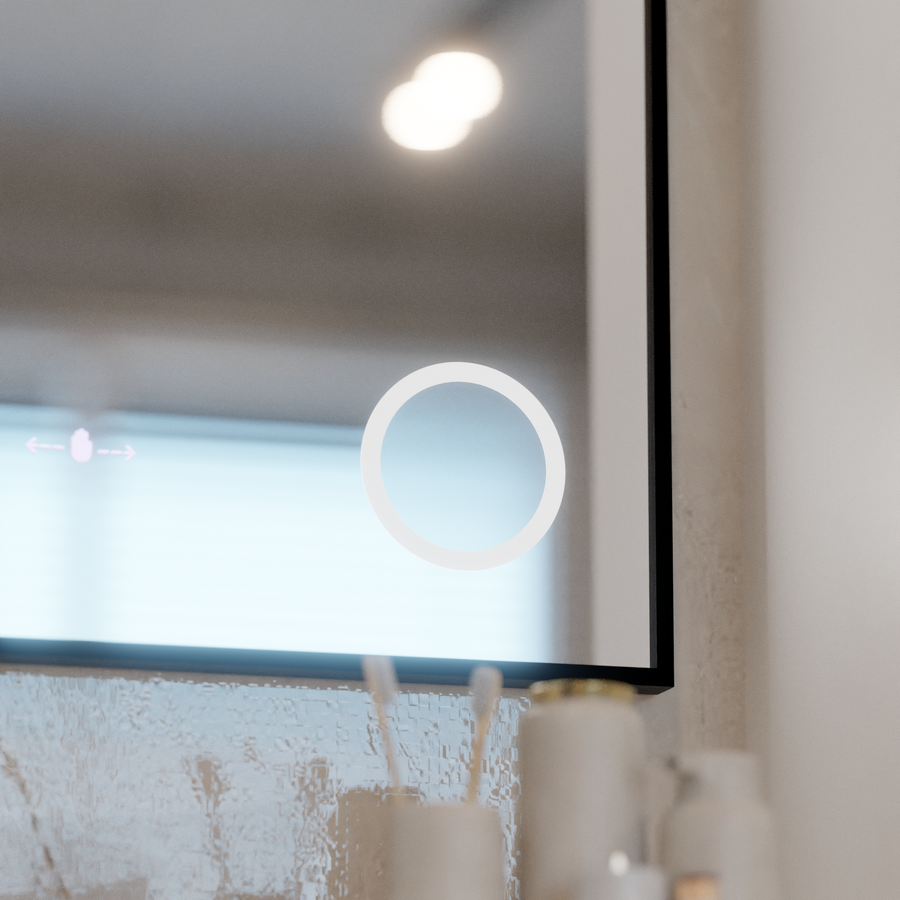 Lustro LED z czujnikiem ruchu MotionGlow Francesca 80x60 cm, ciepłe/zimne/neutralne światło, ściemnialne, szczotkowana czarna rama, system przeciwmgielny, zegar z termometrem, kolekcja Marcello Funghi