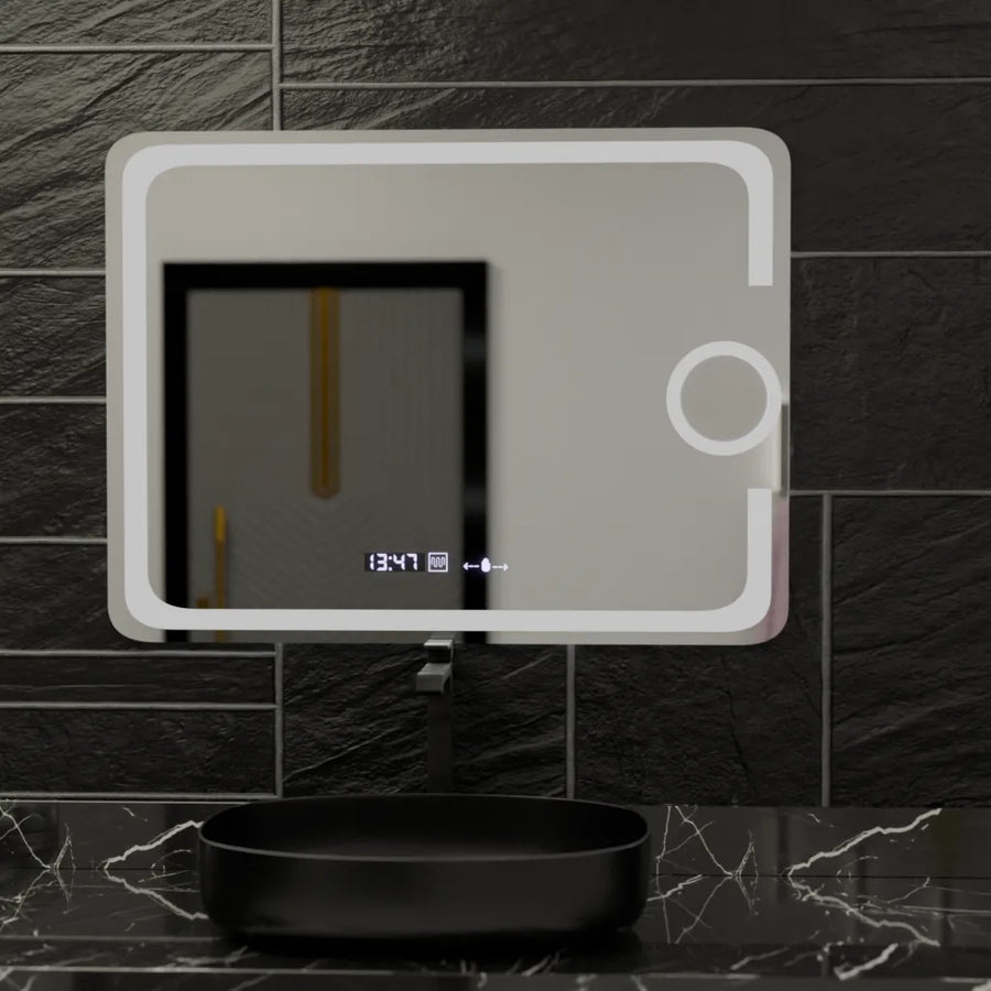 Prostokątne lustro LED, 80x60 cm, Eclat Motionglow Marcello, system rozmrażania, zegar i termometr, kosmetyki