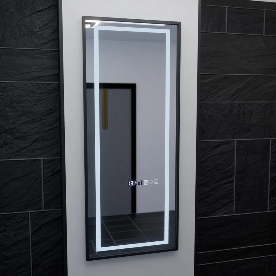 Prostokątne lustro LED, 60x150 cm, czujnik radarowy Bianca Marcello, system przeciwmgielny, zegar i termometr, ściemnialne, Dressing Couture