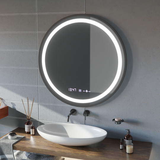 Okrągłe lustro LED, 100 cm, Celeste Majesté Noir MotionGlow Marcello, system przeciwmgielny, zegar i termometr, przyciemniane lustra Marcello Domyślny tytuł Alessandro Design