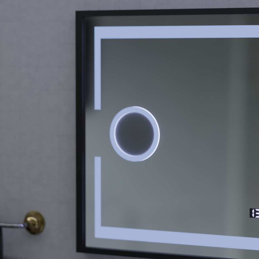 Lustro z czujnikiem ruchu Domingo MotionGlow LED z funkcją przeciwmgielną, termometrem i zegarem, 120x65 cm, ściemnialne, zimne/ciepłe/neutralne światło, szczotkowana czarna rama, kolekcja Marcello Funghi