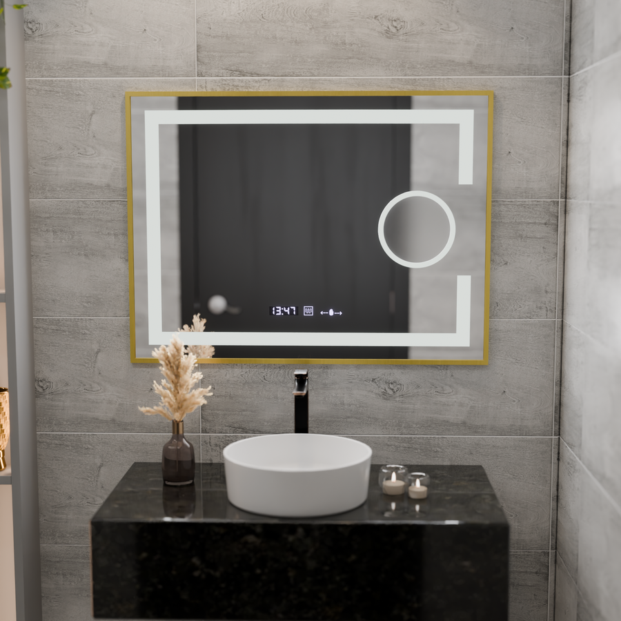 Prostokątne lusterko LED, 80x60 cm, Eclat Motionglow Marcello, zastępca systemu, zegar i termometr, kosmetyki, cieśni, złota Rama