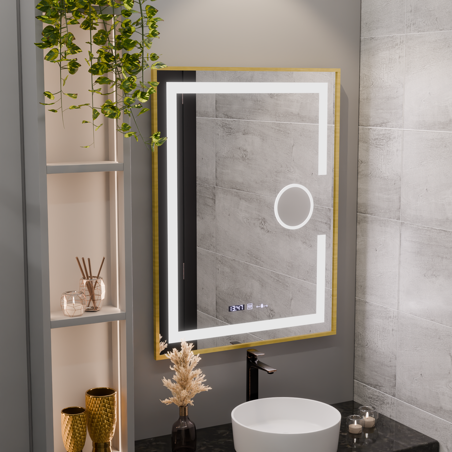 Prostokątne lusterko LED, 60x80 cm, Eclat Motionglow Marcello, System Defrition, zegar i termometr, kosmetyki