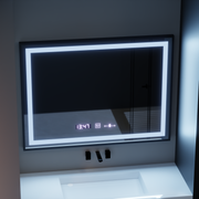 Prostokątne lustro LED, 80x60 cm, Verite Majeste Noir Motion Glow Marcello, system przeciwmgielny, zegar i termometr, ściemnialne