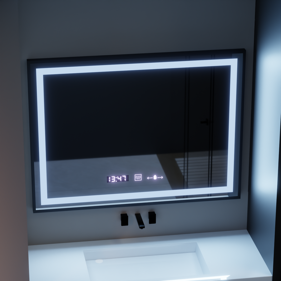 Prostokątne lustro LED, 80x60 cm, Verite Majeste Noir Motion Glow Marcello, system przeciwmgielny, zegar i termometr, ściemnialne